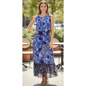 Chico's Blue Floral Chiffon Maxi Dress Keyhole Neck Ruffle Hem Womens Sz 14